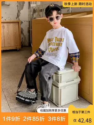 Boys ' autumn T-shirt fake two-piece letter printing long-sleeved 2021 new children's bottoming shirt Western style top tide