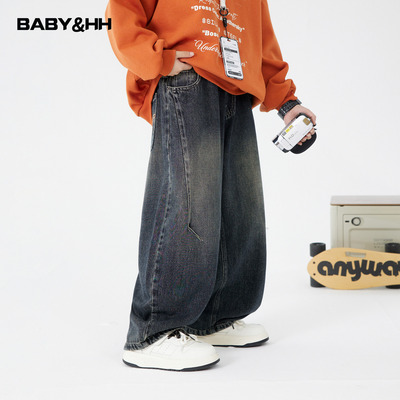 不易褪色加绒阔腿弯刀直筒牛仔裤