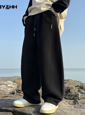 男童秋冬季潮酷黑色弯刀一体绒阔腿卫裤2025新款儿童加厚运动裤子