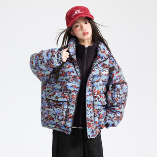 女童冬季90白鸭绒迷彩假两件工装羽绒服2026新款儿童防水防寒外套