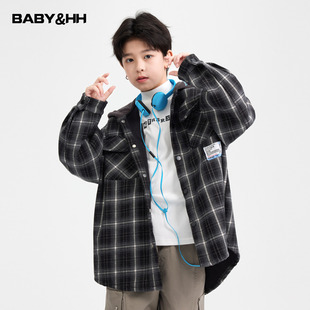 男童冬装韩范格子加绒工装连帽衬衫外套2025新款儿童男孩加厚上衣