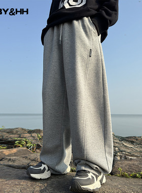 男童冬季韩范灰色弯刀加绒运动卫裤2025新款儿童秋冬加厚阔腿裤子