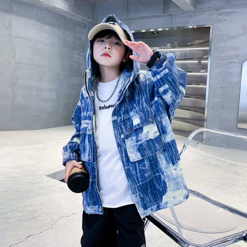 男童春秋连帽扎染外套2023新款