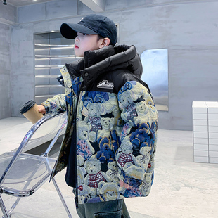 加厚防风外套 儿童冬装 男大童冬季 复古拼接小熊满印羽绒服2025新款