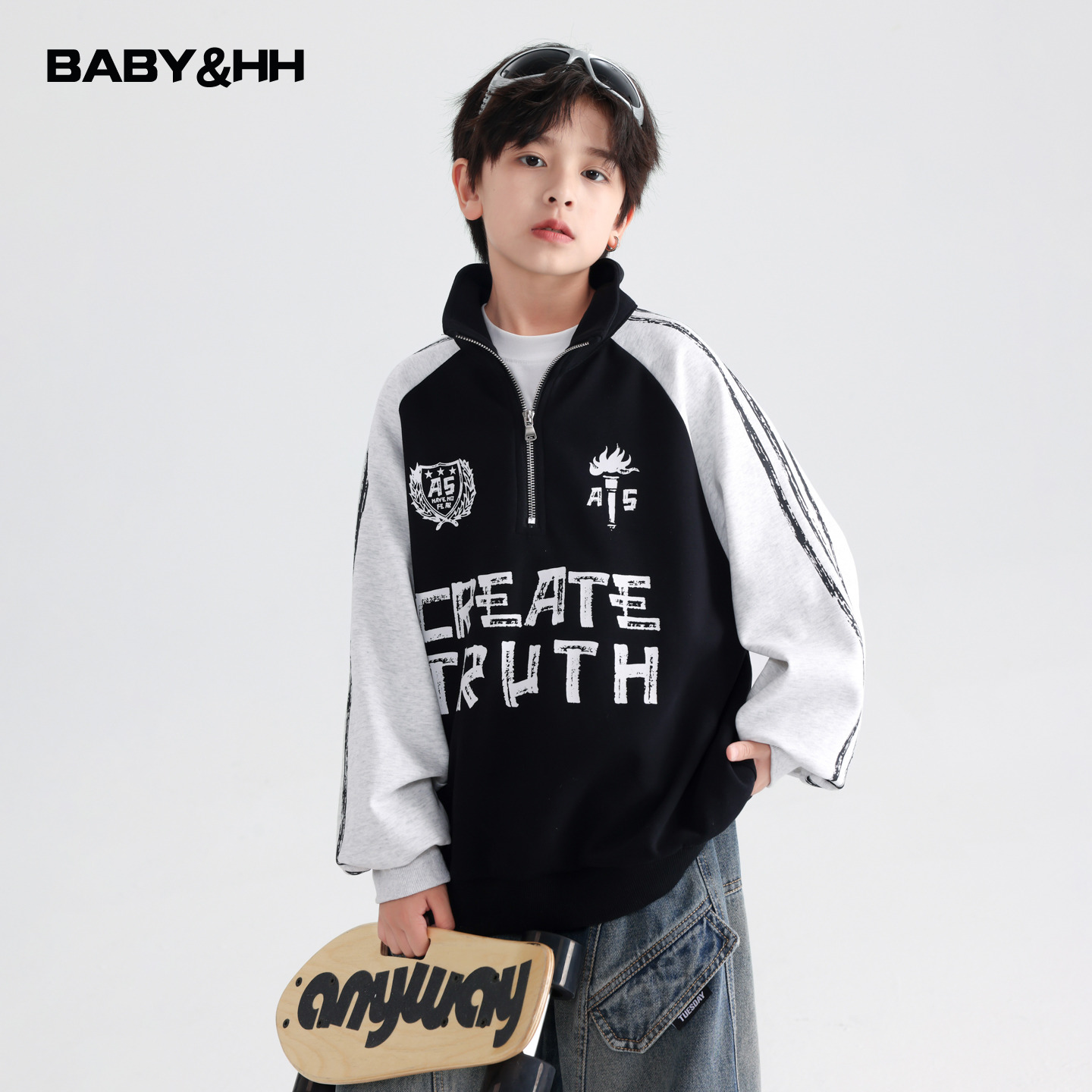 韩范撞色机车风立领运动宽松卫衣