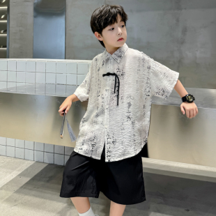国风短袖 儿童古风唐装 男童夏季 男孩中式 套装 高端汉服2024新款 衬衫