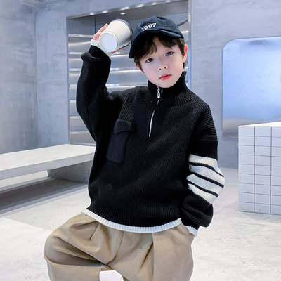 男童冬季半拉链高领加厚针织毛衣