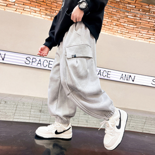 男大童冬季灰色加绒工装卫裤2025新款儿童男孩秋冬宽松加厚棉裤