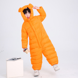 加厚防寒外套 儿童冬装 男大童冬季 炸街滑雪小熊连体羽绒服2025新款