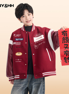 男童冬季新年红色毛呢拼接皮衣棒球棉服2026新款儿童加厚夹棉外套
