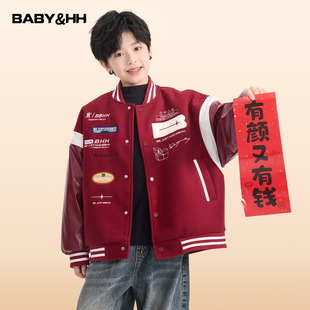 男童冬季新年红色毛呢拼接皮衣棒球棉服2025新款儿童加厚夹棉外套