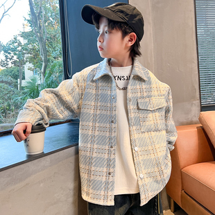 男童春装韩版格子衬衫外套2026新款儿童男孩早春季痞帅宽松上衣潮