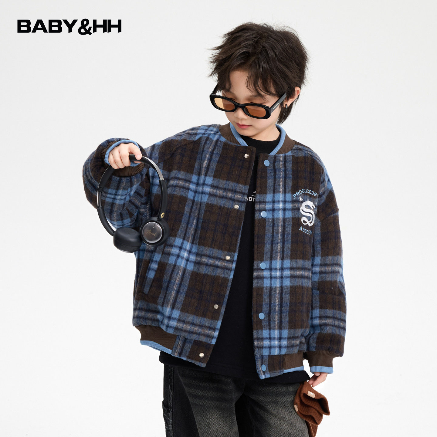 男童冬季韩范毛呢格子运动棒球棉服2025新款儿童男孩加厚棉衣外套