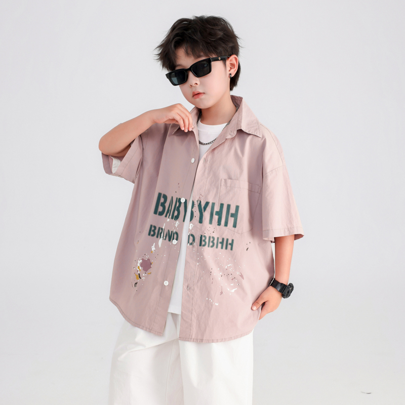 男童夏季韩范痞帅粉色短袖衬衫2025新款儿童男孩冰感薄款衬衣外套