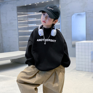 男童秋冬加绒黑色卫衣2025新款儿童加厚衣服男孩冬季半高领上衣潮