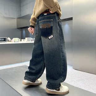 男童冬季潮酷一体加绒直筒牛仔裤2025新款青少年儿童加厚保暖裤子