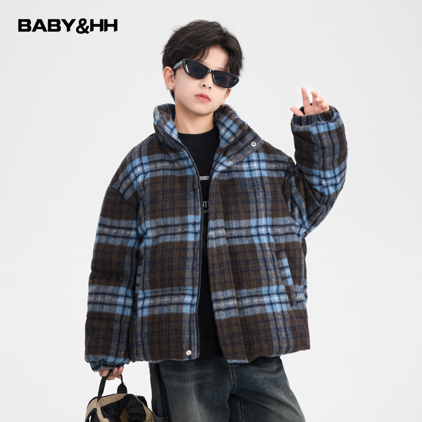 90白鸭绒毛呢格子防寒面包羽绒服