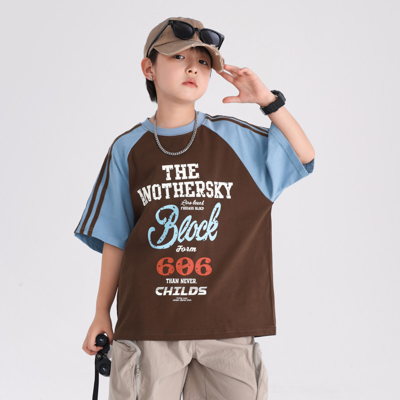 男童夏装撞色美式运动纯棉短袖T恤2025新款儿童夏季宽松冰凉上衣,童装/婴儿装/亲子装,T恤,淘宝优惠券,粉丝福利购,淘宝优惠卷