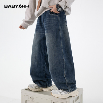 不易褪色一体绒阔腿直筒牛仔裤潮