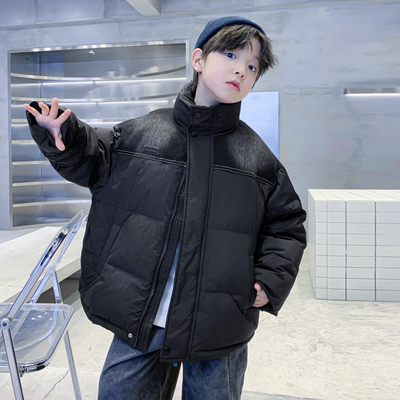 男大童冬装加厚牛仔拼接羽绒服潮
