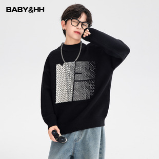 男童秋冬韩范半高领宽松毛衣2025新款儿童冬季黑色加厚针织衫上衣