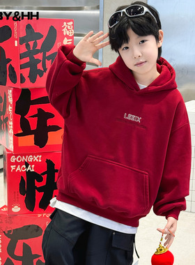 男童冬季红色新年加绒连帽卫衣2026新款儿童男孩加厚保暖拜年上衣