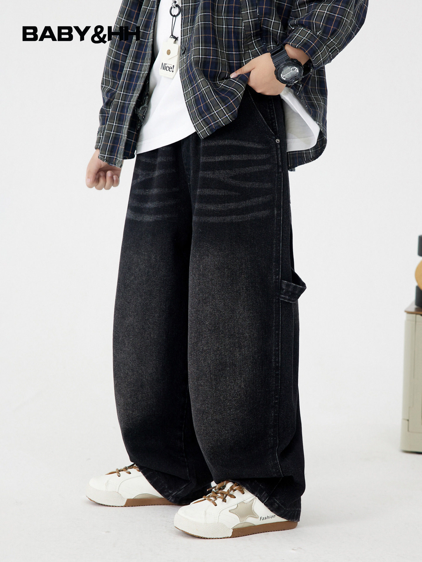 男童秋冬潮酷加绒工装牛仔裤2025新款儿童中学生加厚直筒阔腿裤子