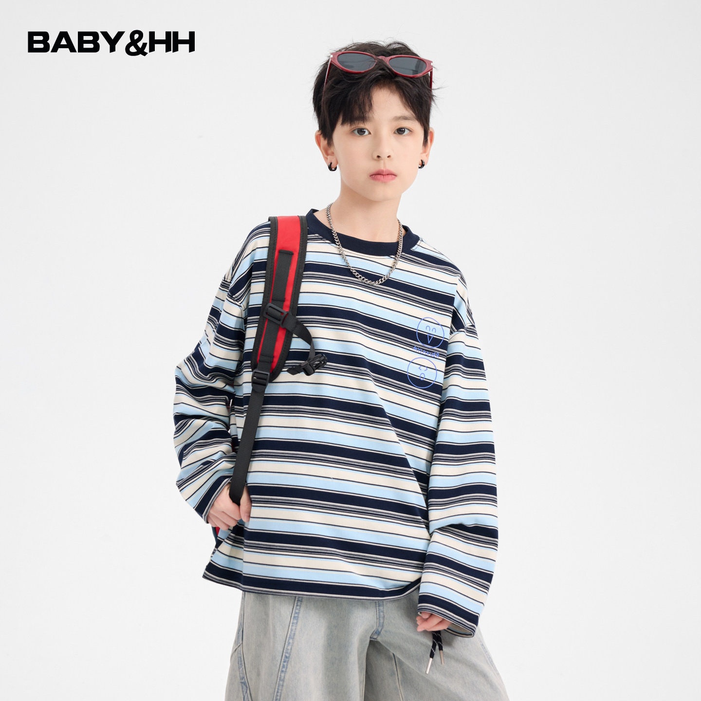 男童春秋韩范撞色条纹长袖t恤2026新款青少年儿童运动宽松薄上衣