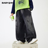 儿童直筒宽松厚裤 男童秋冬泼墨阔腿黑色加绒弯刀牛仔裤 2026新款 子