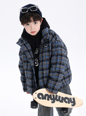 男大童冬季韩范格子面包羽绒服2025新款儿童男孩冬装加厚防寒外套