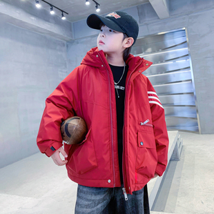 男童冬季红色冲锋衣工装羽绒服2025新款儿童男孩冬装加厚防寒外套