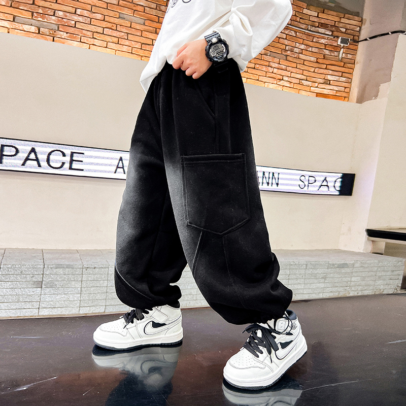 男童秋冬季潮牌加绒直筒休闲卫裤