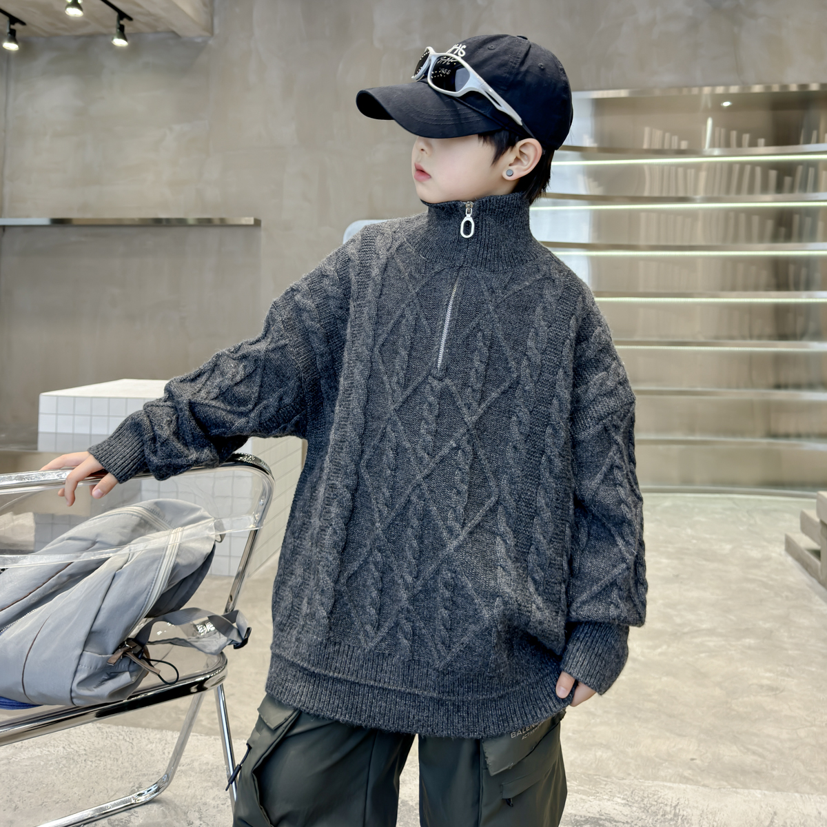 男童秋冬半拉链加厚高领毛衣外套