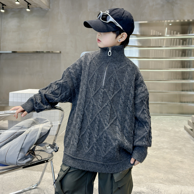 男童秋冬半拉链加厚高领毛衣外套