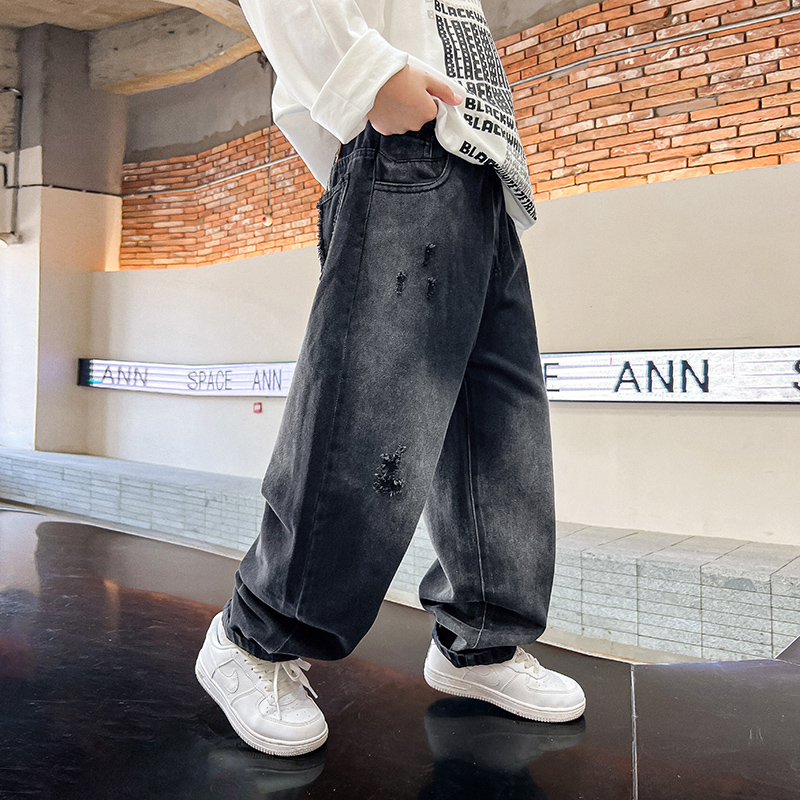 男童春秋黑色破洞直筒宽松牛仔裤2025新款儿童男孩秋装痞帅裤子潮