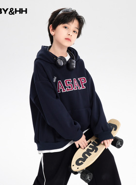 男童秋冬韩范运动加绒连帽卫衣2025新款学生儿童冬季加厚宽松上衣