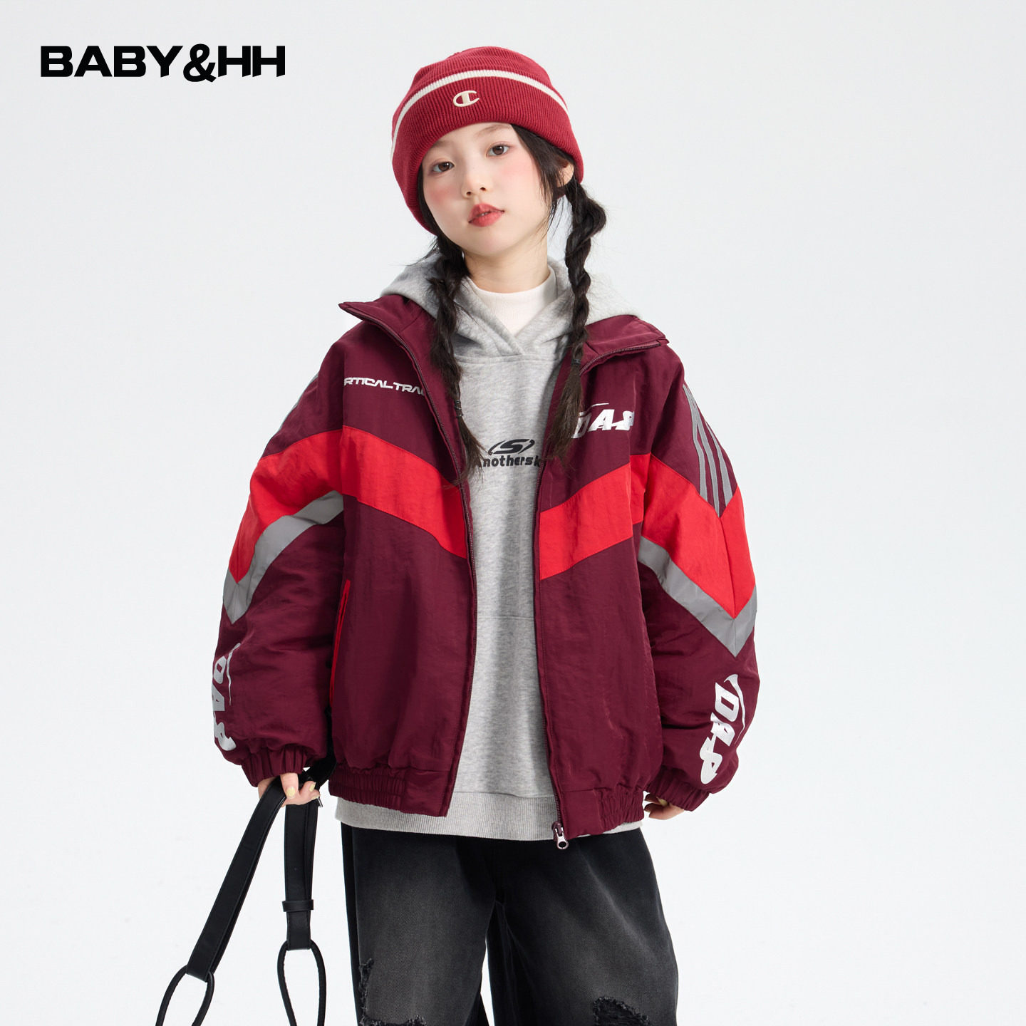 女童冬装机车风防水红色运动反光棉服2026新款儿童加厚夹棉外套潮