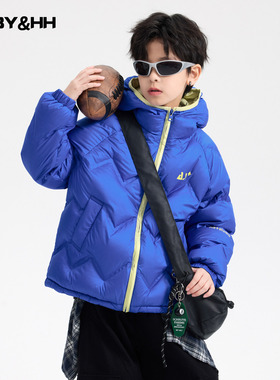 男童冬季户外撞色三防连帽羽绒服2025新款青少年儿童短款防寒外套