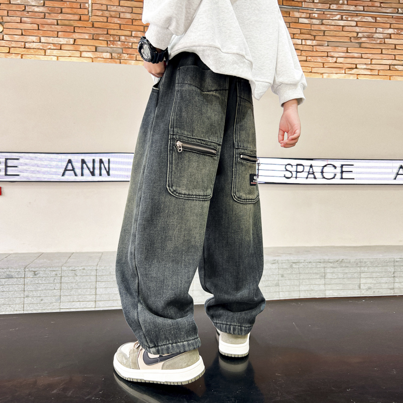 男童秋冬直筒宽松加绒工装牛仔裤