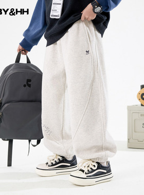 男童冬装灰色一体绒运动弯刀卫裤2025新款儿童束脚加厚保暖裤子潮