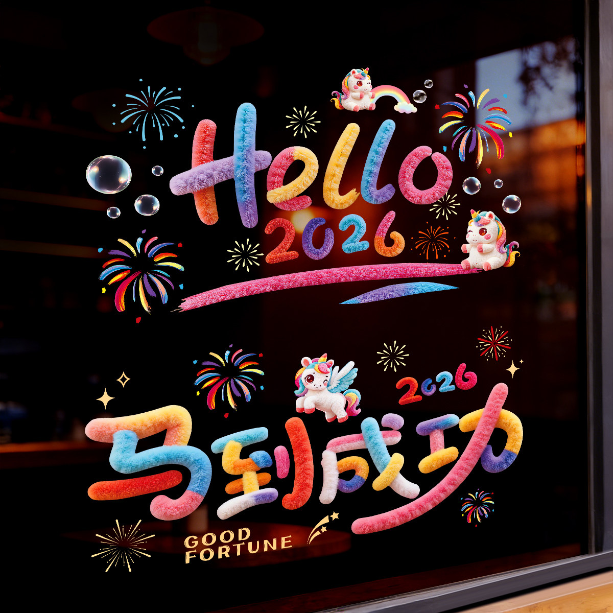 马年窗贴2026彩虹玻璃静电贴纸新年窗花装饰贴画门贴场景氛围布置