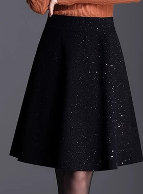 高腰a字短裙女亮闪闪半身裙子秋冬季赫本风小黑裙大码小个子伞裙