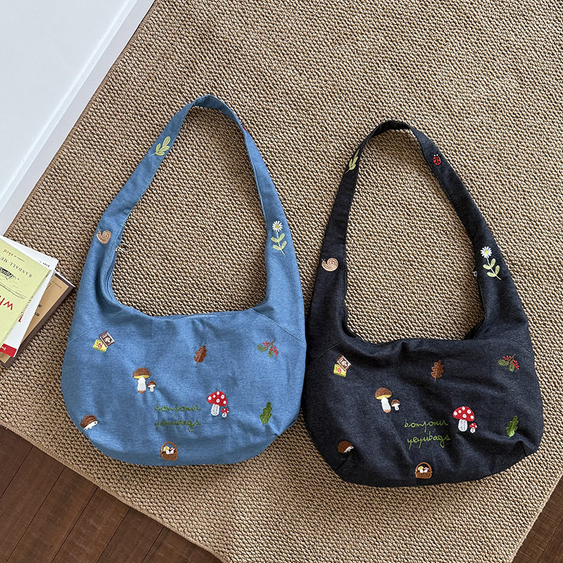 新款牛仔斜挎包包女百搭日系刺绣单肩托特包气质简约大容量帆布包,箱包皮具/热销女包/男包,托特包,淘宝优惠券,粉丝福利购,淘宝优惠卷