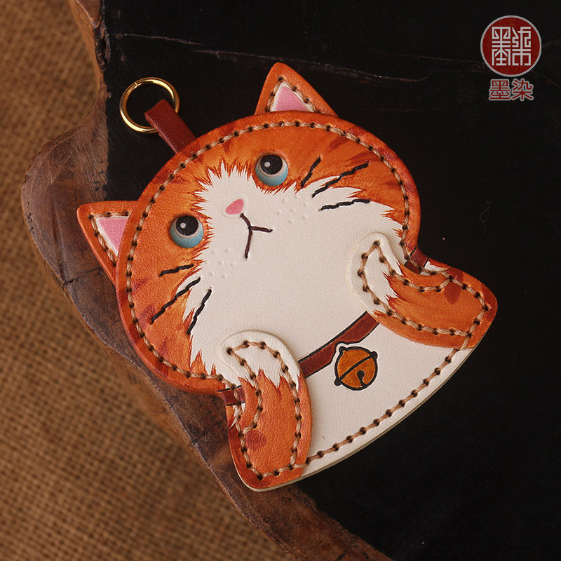 手绘小猫墨染纯手工真皮包包挂件托脸猫牛皮钥匙扣挂饰车挂黑灰橘