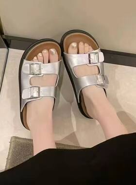 新款M8823-1双扣外穿时尚潮流仙女风一字拖沙滩拖鞋