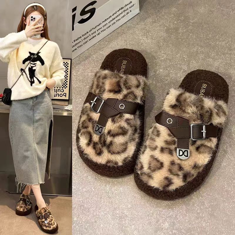 2025秋冬新款8829半包豹纹居家棉拖鞋外穿毛毛拖