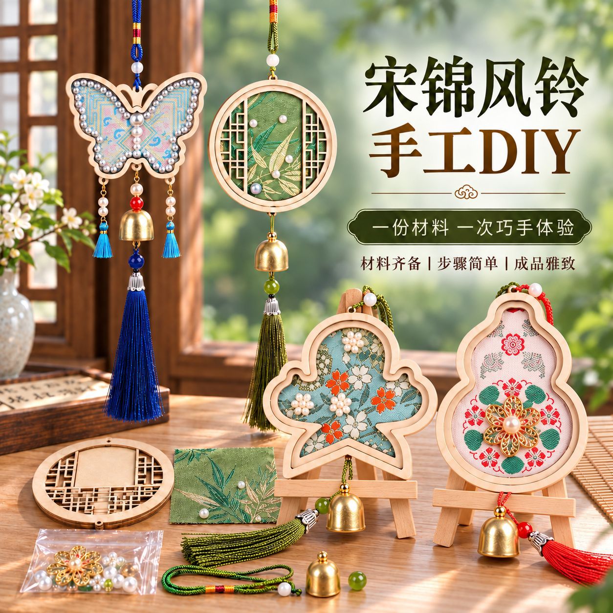 宋锦珍珠风铃手工diy织锦挂件材料铃铛挂饰大型国风手作团建活动