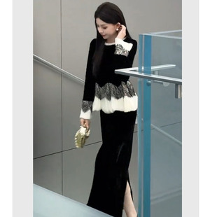 秋装搭配一整套高级感女款2025新款名媛蕾丝拼接丝绒半身裙两件套