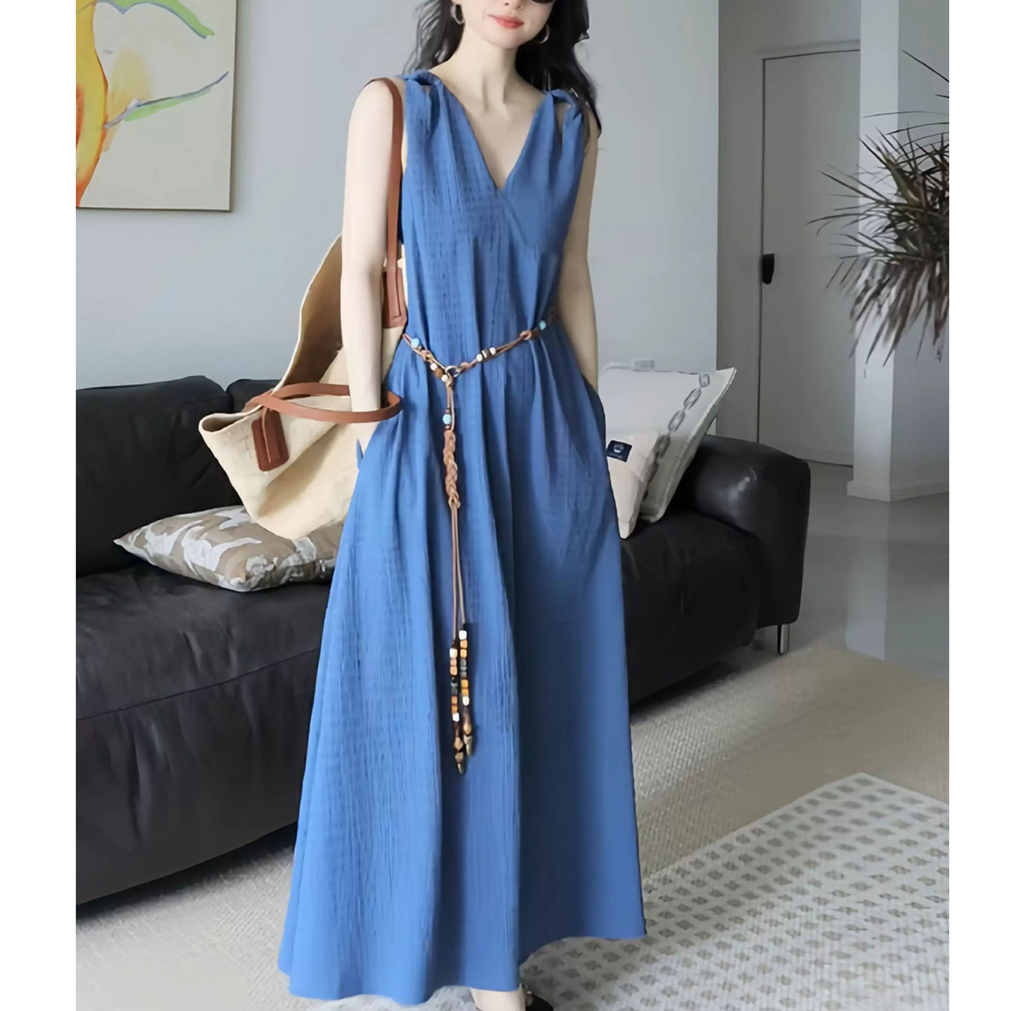 法式蓝色肌理感长裙复古无袖绝美