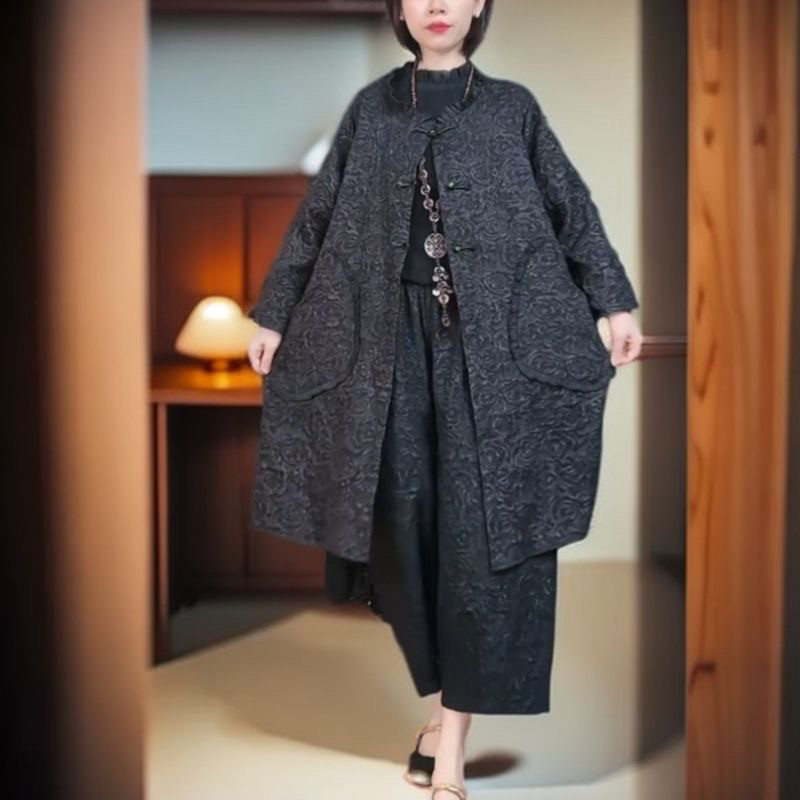 黑色浮雕新中式唐装外套女2024秋冬新款民族风时尚百搭中长款外搭